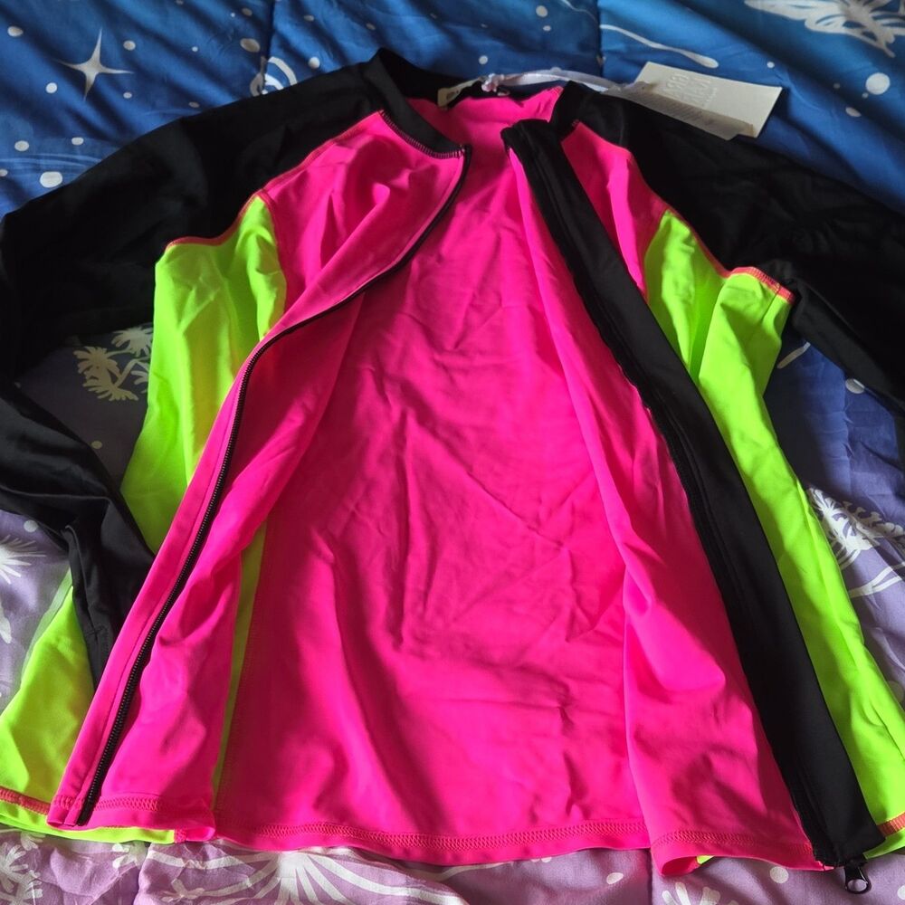 Grace Karin Neon Pink Lime Rash Guard Zip Swim Top Surfcore XL - Picture 5 of 7